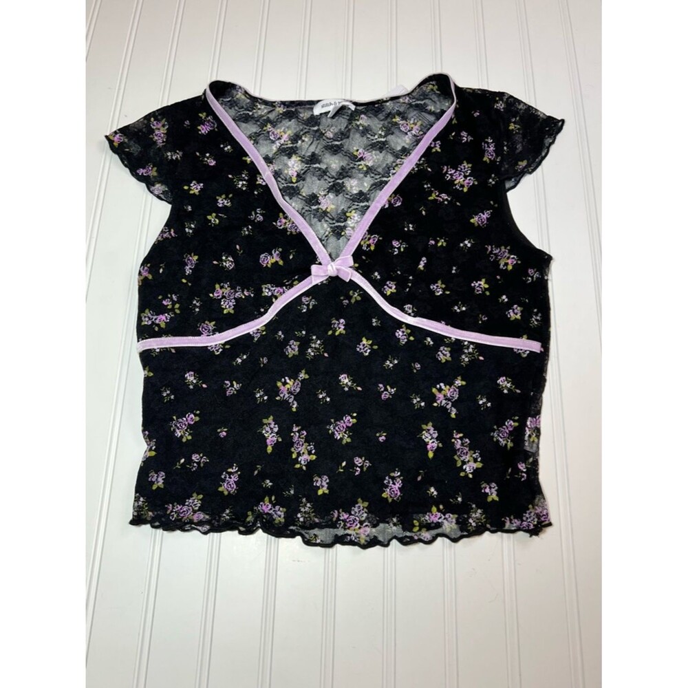 Black Lace Floral Crop Top with Lavender Trim NWT